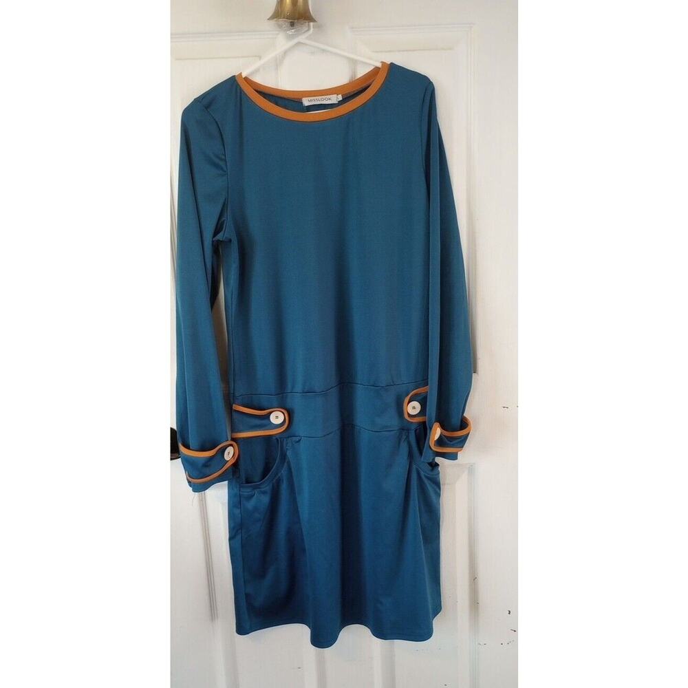 Misslook Dress Blue with Orange Quirky Long Sleeve Maxi/Dropwaist Dress FUN